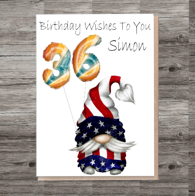 USA Gnome Age Birthday Card, Card for 36th Birthday, USA Card